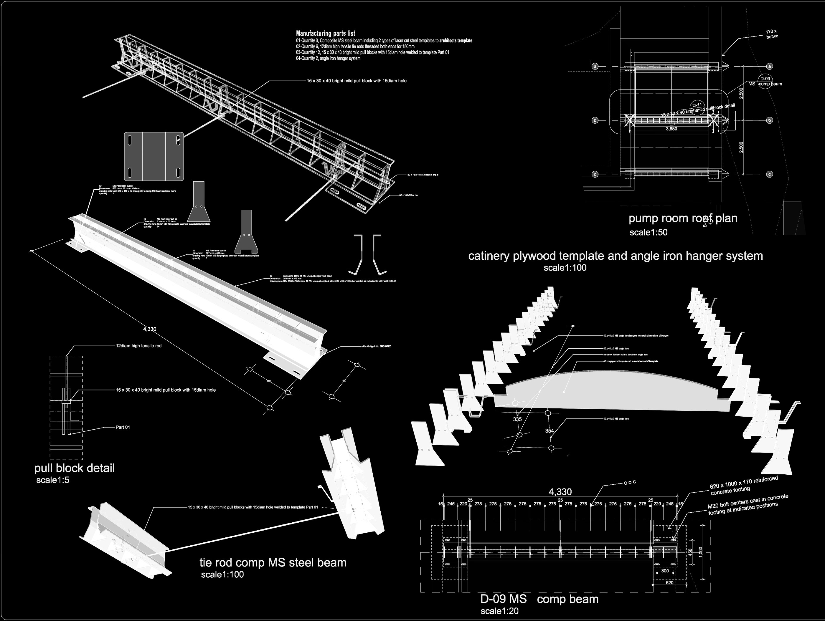 Pump room — roof plan, composite MS beam, catenary plywood template and angle-iron hanger system